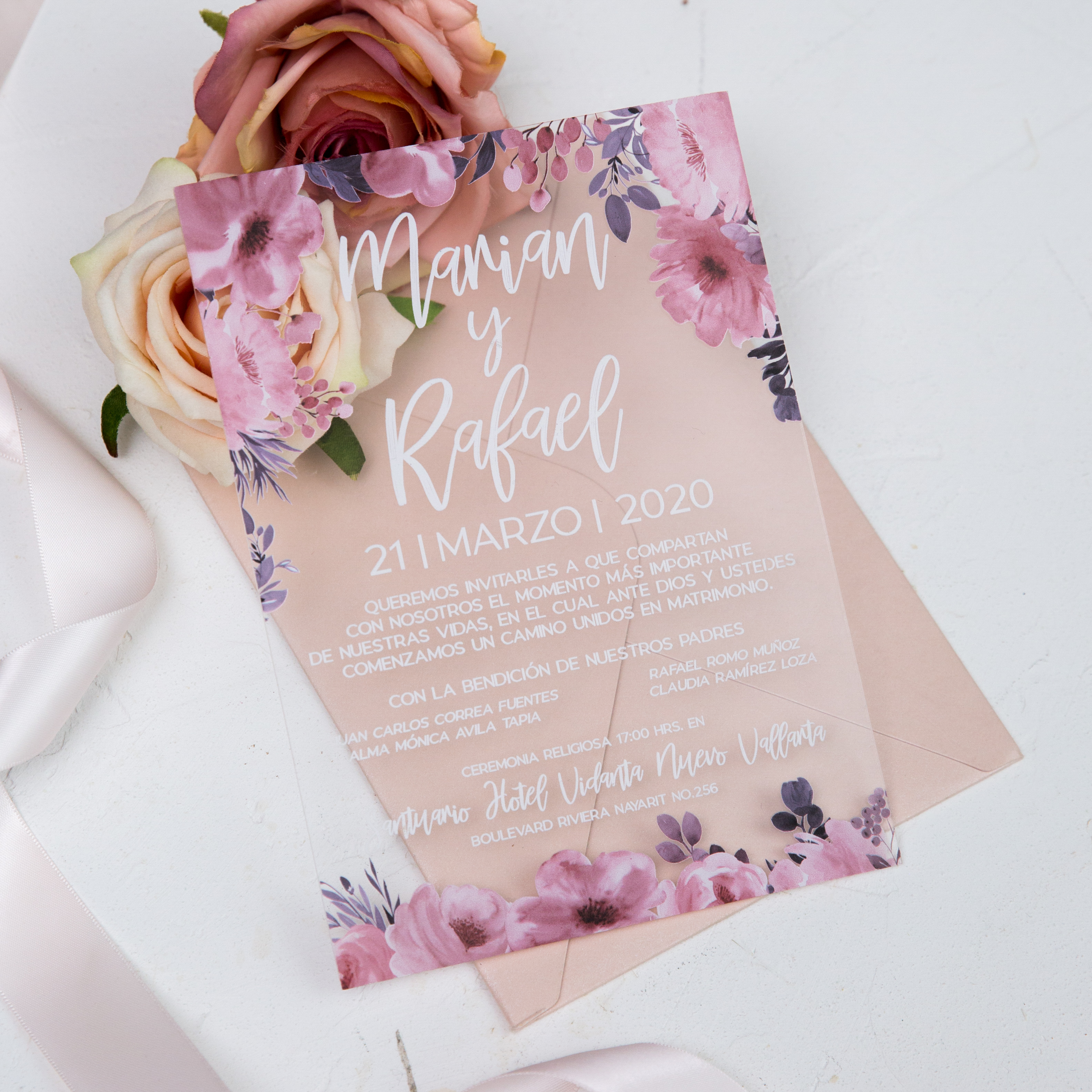 Partecipazione in plexiglass floreale romantico Blush stampa UV ACR26