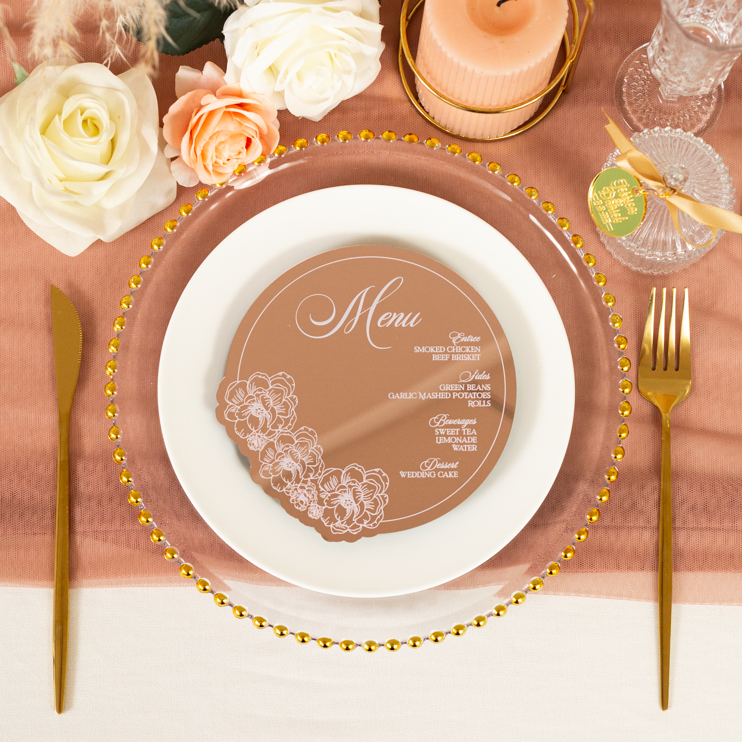 Elegante carta menu in plexiglass con specchio in oro rosa ACRC003