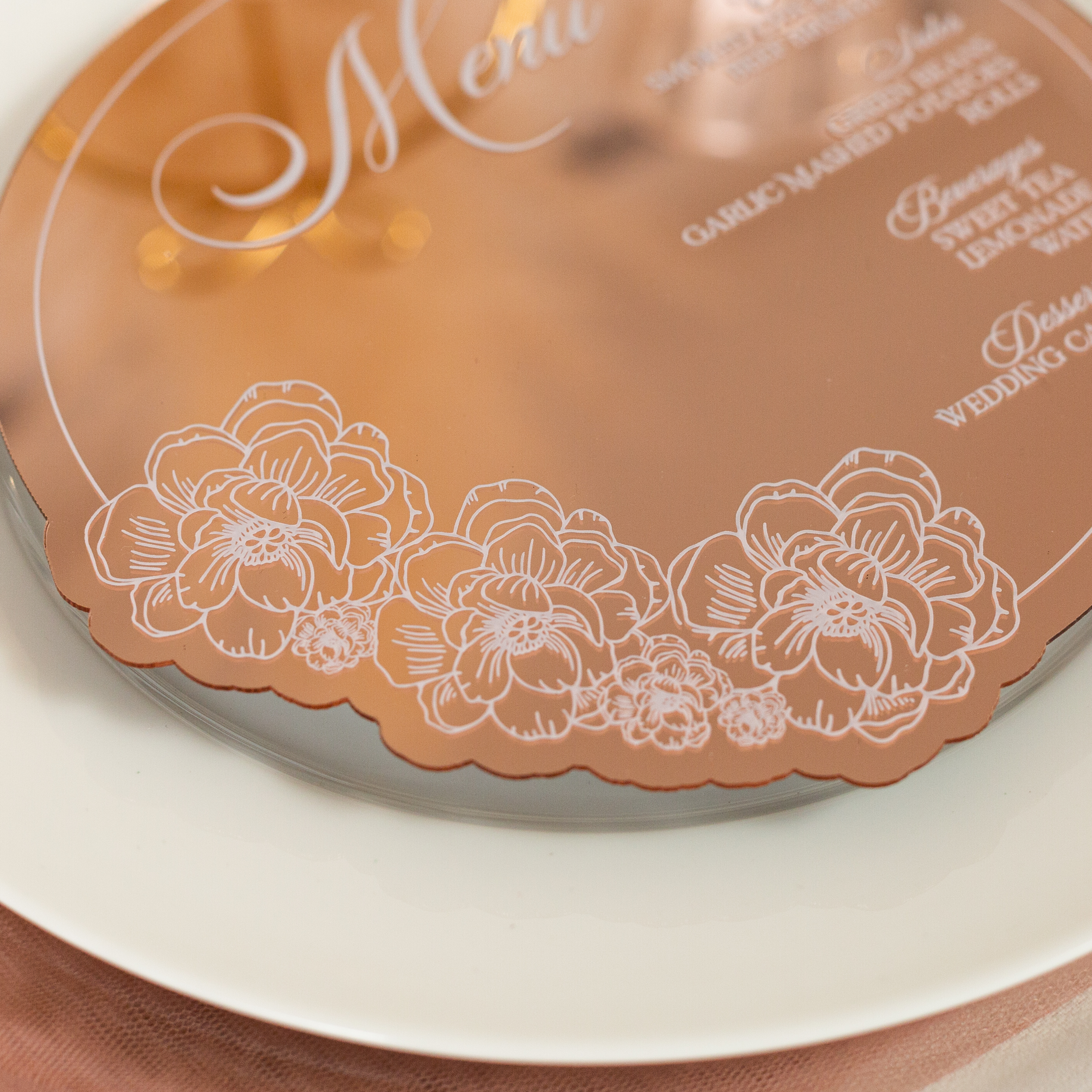 Elegante carta menu in plexiglass con specchio in oro rosa ACRC003
