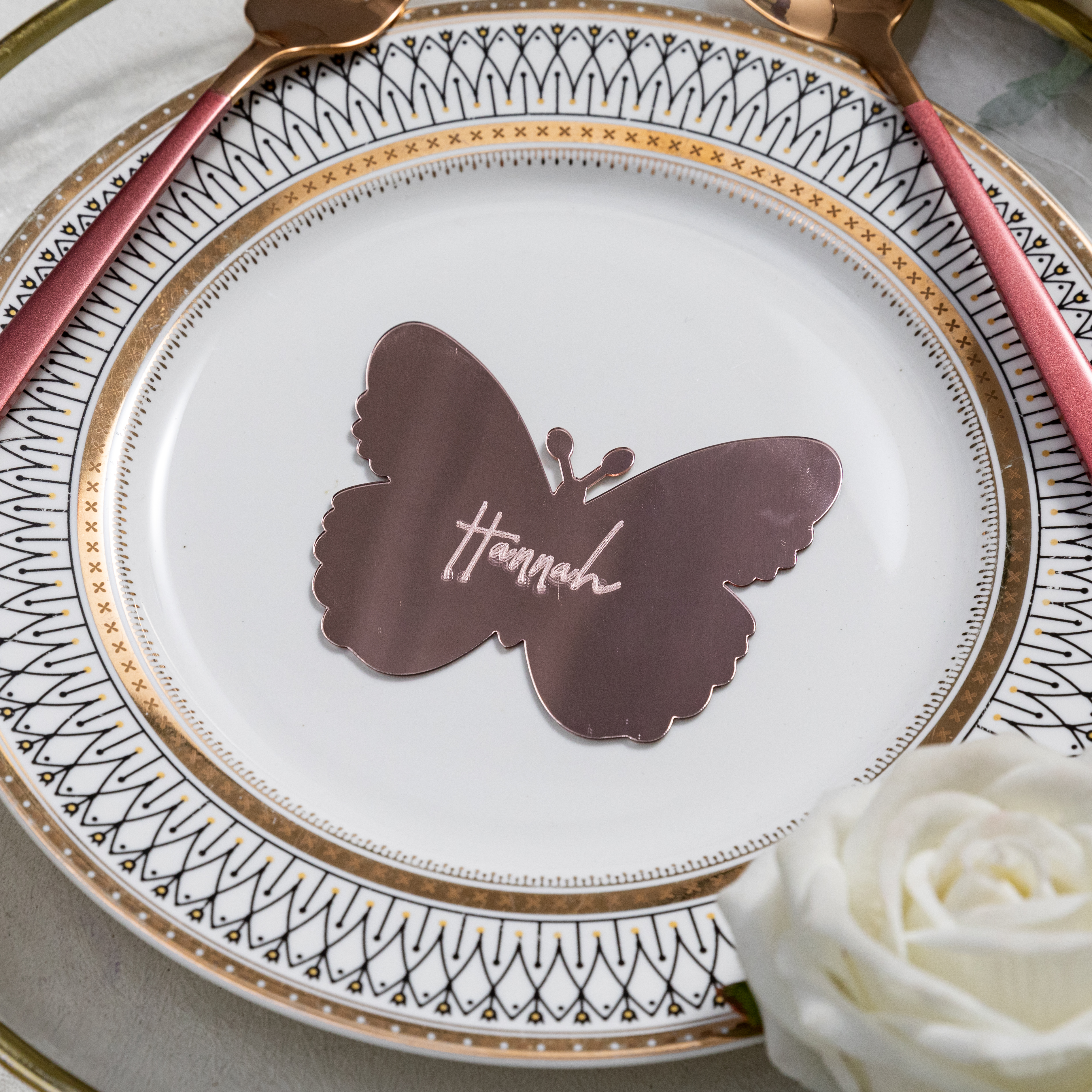 Etichetta in acrilico specchio farfalla oro rosa per inviti CNS005