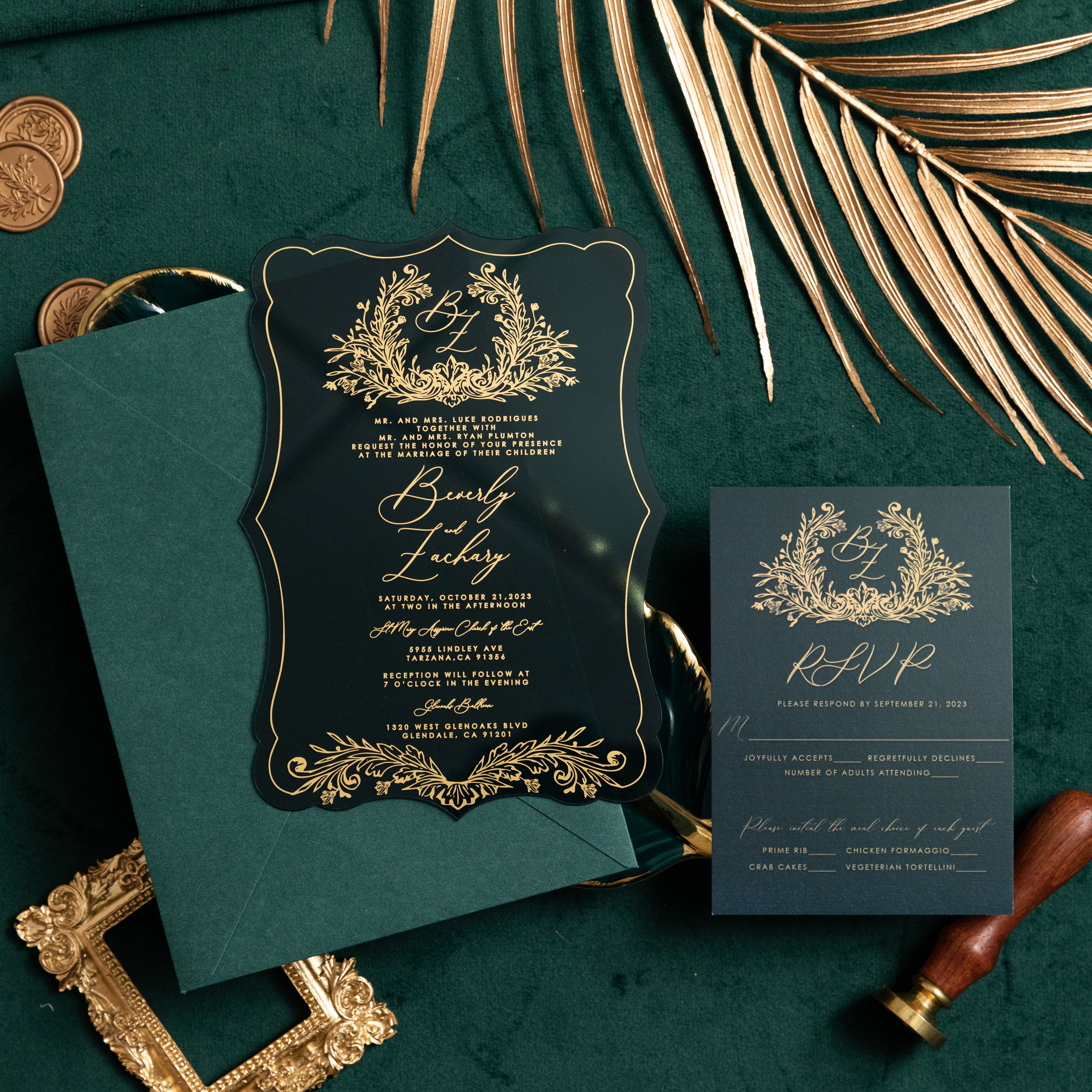 Invito a nozze in acrilico con retro verde stampato a forma vintage laminata DACR13