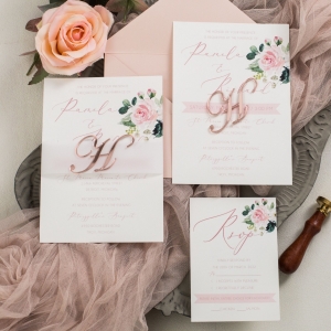 Set di inviti "Pink Blooms" con targhetta in acrilico 3D color oro rosa — WSNT017