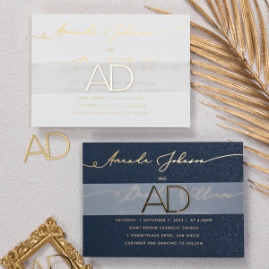 Set di inviti dal design raffinato con tag portanome personalizzato color oro — WSNT016